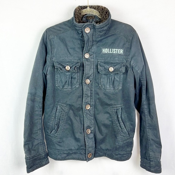 HOLLISTER | 🧥Navy Blue Brown Worn Washed Trim Furry Lining Utility Jacket Coat - Picture 3 of 14